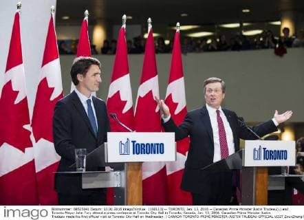 (160113) -- TORONTO, Jan. 13, 2016 -- Canadian Prime Minister Justin Trudeau(L) and Toronto Mayor John Tory attend a press conferece at Toronto City Hall in Toronto, Canada, Jan. 13, 2016. Canadian Prime Minister Justin Trudeau made his first official visit to Toronto City Hall on Wednesday. ) CANADA-TORONTO-PRIME MINISTER-JUSTIN TRUDEAU-OFFICIAL VISIT ZouxZheng 