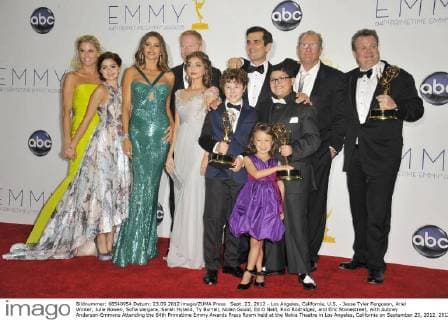 Sept. 23, 2012 - Los Angeles, California, U.S. - Jesse Tyler Ferguson, Ariel Winter, Julie Bowen, Sofia Vergara, Sarah Hyland, Ty Burrell, Nolan Gould, Ed O Neill, Rico Rodridgez, and Eric Stonestreet, with Aubrey Anderson-Emmons Attending the 64th Primetime Emmy Awards Press Room held at the Nokia Theatre in Los Angeles, California on September 23, 2012. 2012 - ZUMAl89