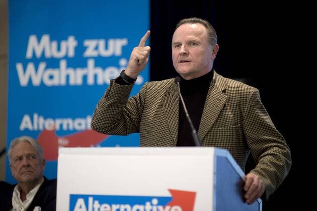 Georg Pazderski, AfD DEU, Deutschland, Germany, Berlin, 16.01.2016 Georg Pazderski, der neue Co-Vorsitzende der Partei AfD Berlin, Alternative fuer Deutschland, auf dem Landesparteitag vom Landesverband Berlin, in Berlin. Links der ehemalige Landesvorsitzende Guenter Brinker. Auf dem Parteitag wird ein neuer Vorstand gewaehlt und ueber das Wahlprogramm fuer die Abgeordnetenhauswahl beraten. Georg Pazderski, new vice leader of the AfD Berlin during a party congress of the right-wing and anti Euro party AfD, Alternative fuer Deutschland, Alternative for Germany, in Berlin, Germany.