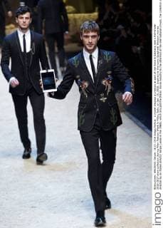A model displays a creation as part of the Dolce & Gabbana men s Fall-Winter 2016-2017 show collection during Milan Fashion Week in Milan, Italy, on Jan. 16, 2016. Inspired by the iconic Spaghetti Western movies directed by an Italian director Sergio Leone in the 1960s, which brought the Italian movie industry to the attention of the international crowds, the collection shows a contrast between the past (via the embroideries and embellishments of the Wild West) and the present (the shapes, cut, and fit). ) ITALY-MILAN-D&G-FASHION WEEK JinxYu 