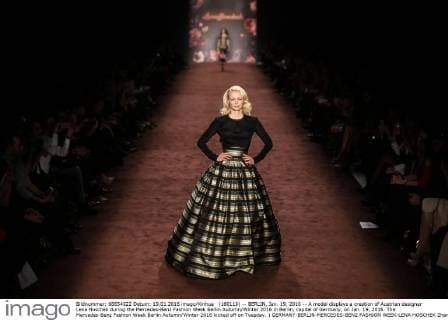 (160119) -- BERLIN, Jan. 19, 2016 -- A model displays a creation of Austrian designer Lena Hoschek during the Mercedes-Benz Fashion Week Berlin Autumn Winter 2016 in Berlin, capital of Germany, on Jan. 19, 2016. The Mercedes-Benz Fashion Week Berlin Autumn Winter 2016 kicked off on Tuesday. ) GERMANY-BERLIN-MERCEDES-BENZ FASHION WEEK-LENA HOSCHEK ZhangxFan 