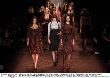 (160119) -- BERLIN, Jan. 19, 2016 -- Models display creations of Austrian designer Lena Hoschek during the Mercedes-Benz Fashion Week Berlin Autumn Winter 2016 in Berlin, capital of Germany, on Jan. 19, 2016. The Mercedes-Benz Fashion Week Berlin Autumn Winter 2016 kicked off on Tuesday. ) GERMANY-BERLIN-MERCEDES-BENZ FASHION WEEK-LENA HOSCHEK ZhangxFan 