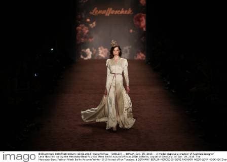 (160119) -- BERLIN, Jan. 19, 2016 -- A model displays a creation of Austrian designer Lena Hoschek during the Mercedes-Benz Fashion Week Berlin Autumn Winter 2016 in Berlin, capital of Germany, on Jan. 19, 2016. The Mercedes-Benz Fashion Week Berlin Autumn Winter 2016 kicked off on Tuesday. ) GERMANY-BERLIN-MERCEDES-BENZ FASHION WEEK-LENA HOSCHEK ZhangxFan 