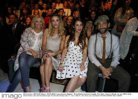 Tanja Buelter,Jennifer Knaeble, Sina Salin, Massimo Sinato bei der MBFW 2016 Show MINX Zelt am Brandenburger Tor auf der Strasse des 17. Juni in Berlin.