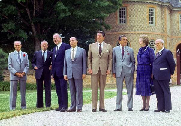 May 29, 1983 - Williamsburg, Virginia, United States of America - Class photo of the G-7 leaders from the Economic Summit in front of the Colonial Capitol in Williamsburg, Virginia on May 29, 1983. From left to right: Prime Minister Pierre Trudeau of Canada, President Gaston Thorn of the European Commission, Chancellor Helmut Kohl of West Germany, President Francois Mitterrand of France, President Reagan, Prime Minister Yasuhiro Nakasone of Japan, Prime Minister Margaret Thatcher of the United Kingdom, and Prime Minister Amintore Fanfani of Italy..Credit: Williamsburg United States of America - ZUMAs152