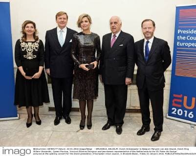 - BRUSSELS, BELGIUM: Dutch Ambassador to Belgium Maryem van den Heuvel, Dutch King Willem-Alexander, Queen Maxima, Viscount Etienne Davignon and permanent representative of the Netherlands to the EU Pieter de Gooijer pictured at the opening concert for the Dutch presidency of European Union council, in Brussels Bozar, Friday 22 January 2016.  DIRKxWAEM 04779272