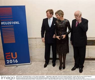 - BRUSSELS, BELGIUM: Dutch King Willem-Alexander, Queen Maxima and Viscount Etienne Davignon pictured at the opening concert for the Dutch presidency of European Union council, in Brussels Bozar, Friday 22 January 2016.  DIRKxWAEM 04779275