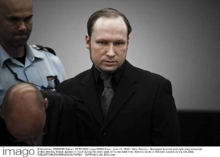 June 15, 2012 - Oslo, Norway - Norwegian terrorist and right wing extremist Anders Behring Breivik appears in court during the ninth week of his ten week trial. Breiviks sanity is the main subject during the week. - ZUMAw111