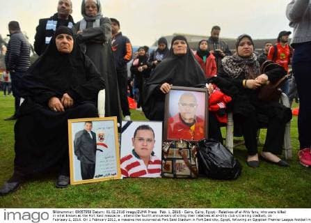 Feb. 1, 2016 - Cairo, Cairo, Egypt - Relatives of al-Ahly fans, who were killed in what known as the Port Said massacre , attend the fourth anniversary of killing their relatives at al-Ahly club s training stadium, on February 1, 2016. On 1 February 2012, a massive riot occurred at Port Said Stadium in Port Said city, Egypt, following an Egyptian Premier League football match between El Masry and El Ahly clubs. At least 74 people were killed and more than 500 were injured after thousands of El Masry spectators stormed the stadium stands and the pitch Cairo Egypt - ZUMAap3_