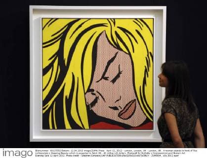 April 12, 2012 - London, London, UK - London, UK . A woman stands in front of Roy Lichtenstein s Sleeping Beauty which is expected to fetch 30 - 40 million US dollars. Photocall for Sotheby s Impressionist and Modern Art Evening Sale 12 April 2012. Photo credit : Stephen Simpson LNP  - ZUMAl94_