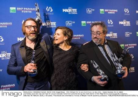Wim Willaert for Je suis mort mais j ai des amis , Veerle Baetens for Un debut prometteur and Jaco Van Dormael for Le tout nouveau testament pictured during the sixth edition of the Magritte du Cinema awards ceremony, Saturday 06 February 2016, in Brussels. The awards are rewarded to movies of Belgian French-speaking producers.  LAURIExDIEFFEMBACQ 04789279