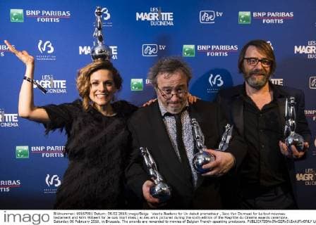 Veerle Baetens for Un debut prometteur , Jaco Van Dormael for Le tout nouveau testament and Wim Willaert for Je suis mort mais j ai des amis pictured during the sixth edition of the Magritte du Cinema awards ceremony, Saturday 06 February 2016, in Brussels. The awards are rewarded to movies of Belgian French-speaking producers.  LAURIExDIEFFEMBACQ 04789285