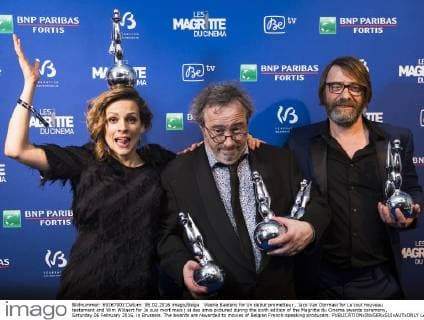 Veerle Baetens for Un debut prometteur , Jaco Van Dormael for Le tout nouveau testament and Wim Willaert for Je suis mort mais j ai des amis pictured during the sixth edition of the Magritte du Cinema awards ceremony, Saturday 06 February 2016, in Brussels. The awards are rewarded to movies of Belgian French-speaking producers.  LAURIExDIEFFEMBACQ 04789286