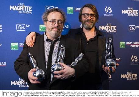 Jaco Van Dormael for Le tout nouveau testament and Wim Willaert for Je suis mort mais j ai des amis pictured during the sixth edition of the Magritte du Cinema awards ceremony, Saturday 06 February 2016, in Brussels. The awards are rewarded to movies of Belgian French-speaking producers.  LAURIExDIEFFEMBACQ 04789288
