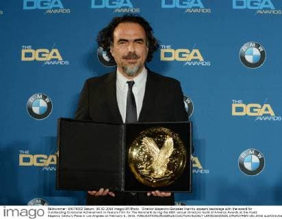 Director Alejandro Gonzalez Inarritu appears backstage with the award for Outstanding Directorial Achievement in Feature Film for The Revenant during the 68th annual Directors Guild of America Awards at the Hyatt Regency Century Plaza in Los Angeles on February 6, 2016.  LAP2016020655 JIMxRUYMEN