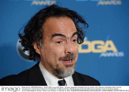 Director Alejandro Gonzalez Inarritu speaks with reporters backstage after winning the award for Outstanding Directorial Achievement in Feature Film for The Revenant during the 68th annual Directors Guild of America Awards at the Hyatt Regency Century Plaza in Los Angeles on February 6, 2016.  LAP2016020662 JIMxRUYMEN