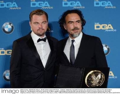 Director Alejandro Gonzalez Inarritu (R), recipient of the Feature Film Nomination Plaque for The Revenant and actor Leonardo DiCaprio appear backstage during the 68th annual Directors Guild of America Awards at the Hyatt Regency Century Plaza in Los Angeles on February 6, 2016.  LAP2016020664 JIMxRUYMEN