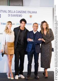 Sanremo Musikfestival PK Feb. 8, 2016 - Sanremo, Italy - (L-R) Virginia Raffaele, Gabriel Garko, Carlo Conti, Madalina Ghenea attend the 66th Sanremo Music Festival on February 8, 2016. Sanremo Italy  - ZUMAn230