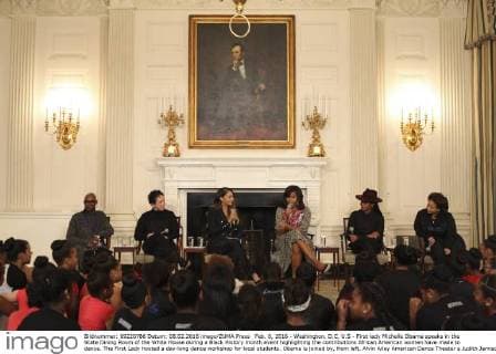 Feb. 8, 2016 - Washington, D.C, U.S - First lady Michelle Obama speaks in the State Dining Room of the White House during a Black History month event highlighting the contributions African American women have made to dance. The First Lady hosted a day-long dance workshop for local students. Obama is joined by, from left, Alvin Ailey American Dance Theater s Judith Jamison, Dance Theatre of Harlem s Virginia Johnson, Alani Nicole La La Anthony, Hip-Hop choreographer Fatima Robinson and Debbie Allen. Washington U.S. - ZUMAc140