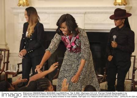 Feb. 8, 2016 - Washington, D.C, U.S - First lady Michelle Obama speaks in the State Dining Room at the White House during a Black History month event highlighting the contributions African American women have made to dance. The First Lady hosted a day-long dance workshop for local students. Washington U.S. - ZUMAc140