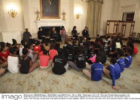 Feb. 8, 2016 - Washington, D.C, U.S - First lady Michelle Obama speaks in the State Dining Room of the White House during a Black History month event highlighting the contributions African American women have made to dance. The First Lady hosted a day-long dance workshop for local students. Obama is joined by, from left, Alvin Ailey American Dance Theater s Judith Jamison, Dance Theatre of Harlem s Virginia Johnson, Alani Nicole La La Anthony, Hip-Hop choreographer Fatima Robinson and Debbie Allen. Washington U.S. - ZUMAc140