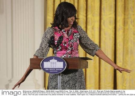 Feb. 8, 2016 - Washington, D.C, U.S - First lady Michelle Obama speaks in the State Dining Room at the White House during a Black History month event highlighting the contributions African American women have made to dance. The First Lady hosted a day-long dance workshop for local students. Washington U.S. - ZUMAc140
