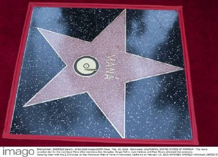 Feb. 10, 2016 - Hollywood, CALIFORNIA, UNITED STATES OF AMERICA - The newly unveiled star for the rock band Mana after members Alex Gonzalez, Sergio Vallin, Juan Calleros and Fher Olvera attended the ceremony honoring them with the 2,573rd star on the Hollywood Walk of Fame in Hollywood, California on February 10, 2016.ARMANDO ARORIZO Hollywood UNITED STATES OF AMERICA - ZUMAp124