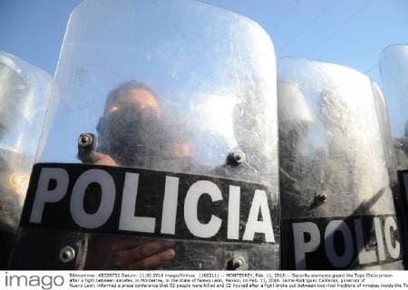 (160211) -- MONTERREY, Feb. 11, 2016 -- Security elements guard the Topo Chico prison after a fight between inmates, in Monterrey, in the state of Nuevo Leon, Mexico, on Feb. 11, 2016. Jaime Rodriguez Calderon, governor of Nuevo Leon, informed a press conference that 52 people were killed and 12 injured after a fight broke out between two rival fractions of inmates inside the Topo Chico prison. ABC) (ce) MEXICO-MONTERREY-SECURITY-PRISON e ABC 
