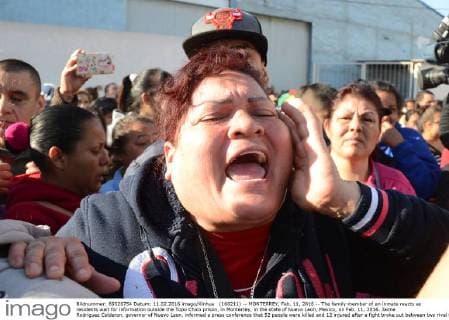 (160211) -- MONTERREY, Feb. 11, 2016 -- The family member of an inmate reacts as residents wait for information outside the Topo Chico prison, in Monterrey, in the state of Nuevo Leon, Mexico, on Feb. 11, 2016. Jaime Rodriguez Calderon, governor of Nuevo Leon, informed a press conference that 52 people were killed and 12 injured after a fight broke out between two rival fractions of inmates inside the Topo Chico prison. ABC) (ce) MEXICO-MONTERREY-SECURITY-PRISON e ABC 
