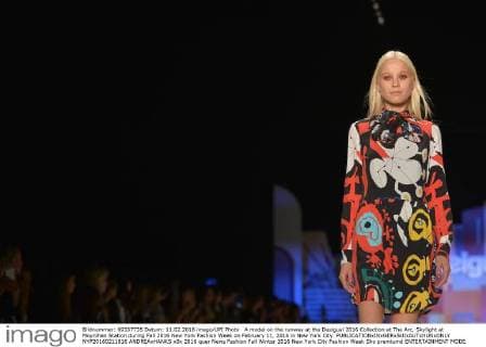 A model on the runway at the Desigual 2016 Collection at The Arc, Skylight at Moynihan Station during Fall 2016 New York Fashion Week on February 11, 2016 in New York City.  NYP20160211816 ANDREAxHANKS