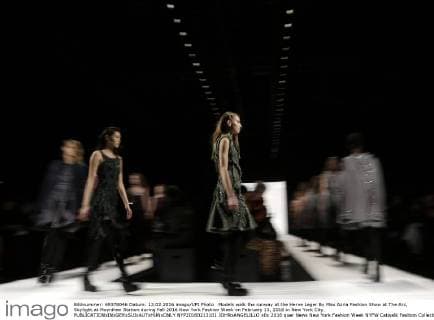 Models walk the runway at the Herve Leger By Max Azria Fashion Show at The Arc, Skylight at Moynihan Station during Fall 2016 New York Fashion Week on February 13, 2016 in New York City.  NYP20160213101 JOHNxANGELILLO