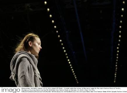 A model walks the runway at the Herve Leger By Max Azria Fashion Show at The Arc, Skylight at Moynihan Station during Fall 2016 New York Fashion Week on February 13, 2016 in New York City.  NYP20160213102 JOHNxANGELILLO