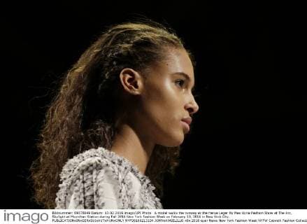 A model walks the runway at the Herve Leger By Max Azria Fashion Show at The Arc, Skylight at Moynihan Station during Fall 2016 New York Fashion Week on February 13, 2016 in New York City.  NYP20160213104 JOHNxANGELILLO