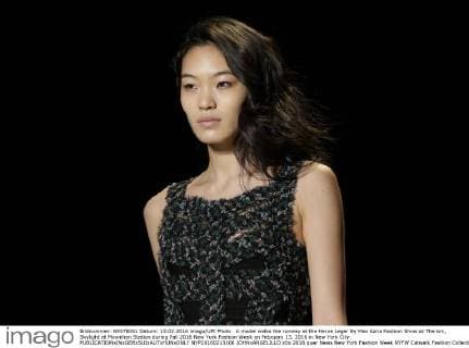 A model walks the runway at the Herve Leger By Max Azria Fashion Show at The Arc, Skylight at Moynihan Station during Fall 2016 New York Fashion Week on February 13, 2016 in New York City.  NYP20160213106 JOHNxANGELILLO