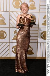 Composer Maria Schneider, winner of Best Arrangement, Instruments and Vocals for Sue (Or In A Season Of Crime) and Best Large Jazz Ensemble Album for The Thompson Fields , appears backstage during the 58th annual Grammy Awards held at Staples Center in Los Angeles on February 15, 2016.  LAP20160215801 PHILxMCCARTEN