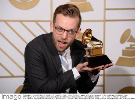 Singer Ben Bram, winner of Best Arrangement, Instrumental or A Cappella for Dance Of The Sugar Plum Fairy, appears backstage during the 58th annual Grammy Awards held at Staples Center in Los Angeles on February 15, 2016.  LAP20160215823 PHILxMCCARTEN
