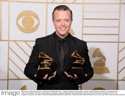 Singer songwriter Jason Isbell, winner of Best American Album for Something More Than Free and Best American Roots Song for 24 Frames, appears backstage during the 58th annual Grammy Awards held at Staples Center in Los Angeles on February 15, 2016.  LAP20160215841 PHILxMCCARTEN