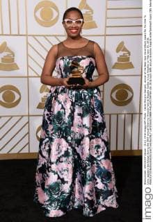 Cecile McLorin Salvant, winner of the Best Jazz Vocal Album award for For One To Love, appears backstage during the 58th annual Grammy Awards held at Staples Center in Los Angeles on February 15, 2016.  LAP20160215889 PHILxMCCARTEN
