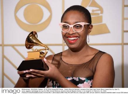 Cecile McLorin Salvant, winner of the Best Jazz Vocal Album award for For One To Love, appears backstage during the 58th annual Grammy Awards held at Staples Center in Los Angeles on February 15, 2016.  LAP20160215890 PHILxMCCARTEN