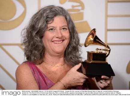 Susan Archie, winner of the Best Boxed Set or Special Limited Edition Package award for The Rise & Fall of Paramount Records, Vol. 2 (1928-1932), appears backstage during the 58th annual Grammy Awards held at Staples Center in Los Angeles on February 15, 2016.  LAP20160215898 PHILxMCCARTEN