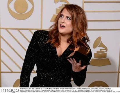 Singer Meghan Trainor, winner of the Best New Artist award, appears backstage during the 58th annual Grammy Awards held at Staples Center in Los Angeles on February 15, 2016.  LAP201602151033 PHILxMCCARTEN