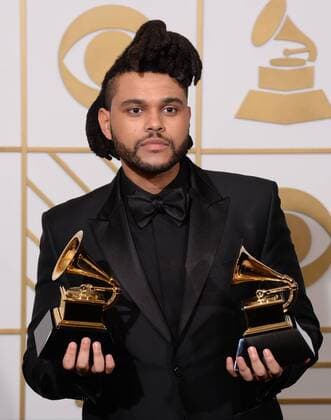 The Weeknd, winner of the Best R&B Performance award for Earned It, and Best Urban Contemporary Album award for Beauty Behind The Madness, appears backstage with the award for XXX during the 58th annual Grammy Awards held at Staples Center in Los Angeles on February 15, 2016.  LAP201602151043 PHILxMCCARTEN