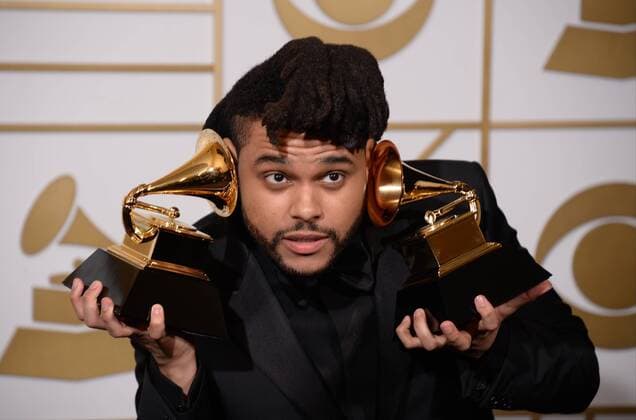 The Weeknd, winner of the Best R&B Performance award for Earned It, and Best Urban Contemporary Album award for Beauty Behind The Madness, appears backstage with the award for XXX during the 58th annual Grammy Awards held at Staples Center in Los Angeles on February 15, 2016.  LAP201602151046 PHILxMCCARTEN