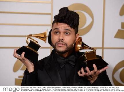 The Weeknd, winner of the Best R&B Performance award for Earned It, and Best Urban Contemporary Album award for Beauty Behind The Madness, appears backstage with the award for XXX during the 58th annual Grammy Awards held at Staples Center in Los Angeles on February 15, 2016.  LAP201602151048 PHILxMCCARTEN