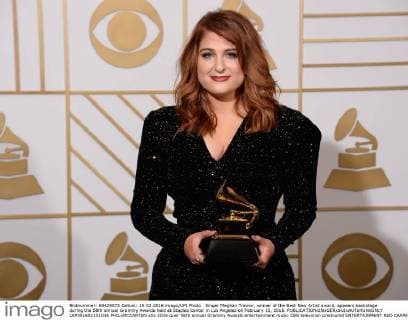 Singer Meghan Trainor, winner of the Best New Artist award, appears backstage during the 58th annual Grammy Awards held at Staples Center in Los Angeles on February 15, 2016.  LAP201602151036 PHILxMCCARTEN