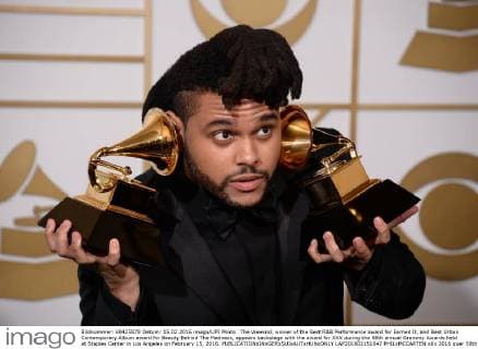The Weeknd, winner of the Best R&B Performance award for Earned It, and Best Urban Contemporary Album award for Beauty Behind The Madness, appears backstage with the award for XXX during the 58th annual Grammy Awards held at Staples Center in Los Angeles on February 15, 2016.  LAP201602151047 PHILxMCCARTEN