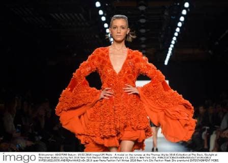 A model on the runway at the Thomas Wylde 2016 Collection at The Dock, Skylight at Moynihan Station during Fall 2016 New York Fashion Week on February 15, 2016 in New York City.  NYP20160215876 ANDREAxHANKS