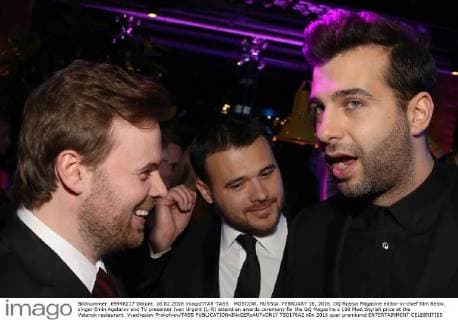 MOSCOW, RUSSIA. FEBRUARY 16, 2016. GQ Russia Magazine editor-in-chief Kim Belov, singer Emin Agalarov and TV presenter Ivan Urgant (L-R) attend an awards ceremony for the GQ Magazine s 100 Most Stylish prize at the Valenok restaurant. Vyacheslav Prokofyev TASS  TS0176A2