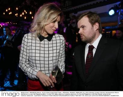 MOSCOW, RUSSIA. FEBRUARY 16, 2016. Russian Foreign Ministry Spokesperson Maria Zakharova (L) and GQ Magazine editor-in-chief Kim Belov attend an awards ceremony for the GQ Magazine s 100 Most Stylish prize at the Valenok restaurant. Vyacheslav Prokofyev TASS  TS0176A7