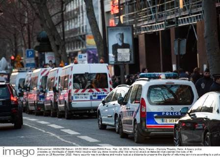 Feb. 16, 2016 - Paris, Paris, France - Olympia Theatre, Paris: A heavy police precedes as the Eagles of Death Metal resume their gig three months after the terrorist attack at Bataclan that claimed the lives of 90 people on 13 November 2015. Heavy security was in evidence and media kept at a distance to preserve the dignity of returning survivors according to a police spokesperson. Ticket holders of the fateful Bataclan concert were offered complimentary tickets for tonight s gig. Paris France  - ZUMAl94_